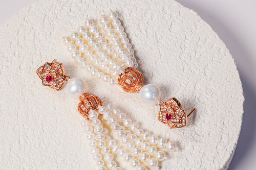 Fancy Pink Zircon Crown Pearl Earrings