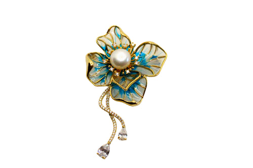 Blue Flower-shaped Brooch with Freshwater Pearl