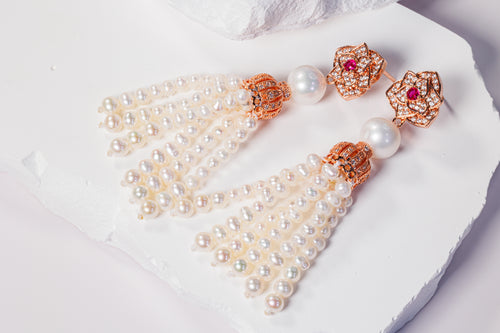 Fancy Pink Zircon Crown Pearl Earrings